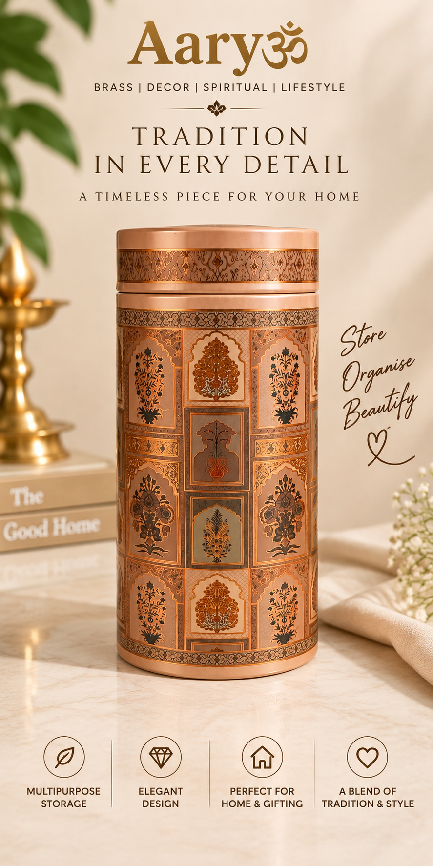 Aaryom Heritage Mughal Floral Airtight Storage Tin – 6” × 3”