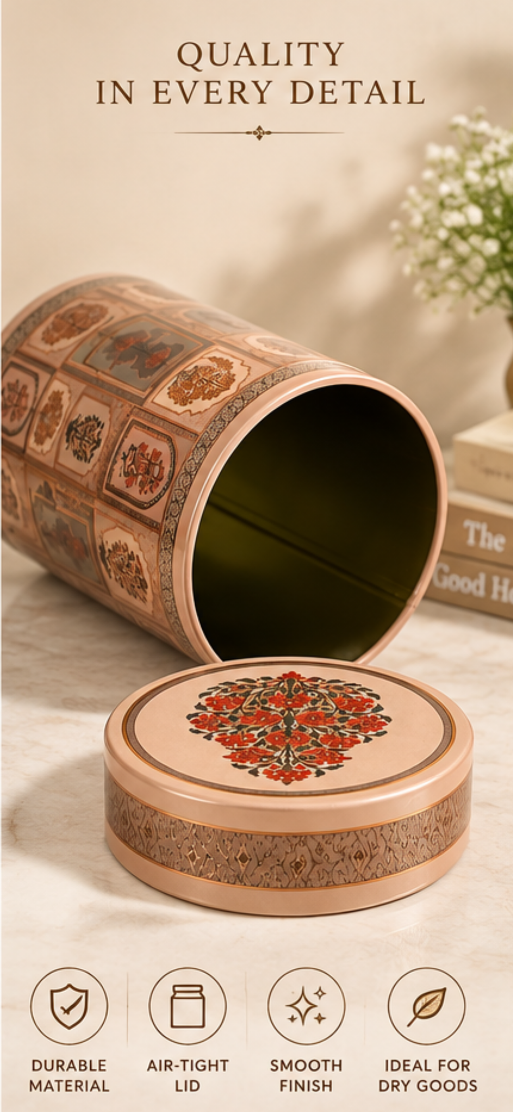 Aaryom Heritage Mughal Floral Airtight Storage Tin – 6” × 3”