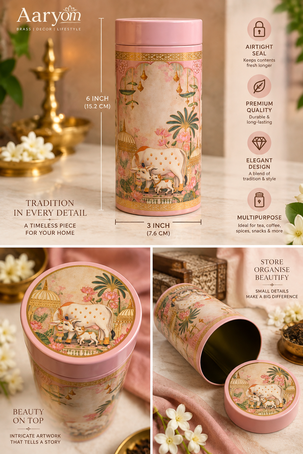 Aaryom Kamadhenu Heritage Airtight Storage Tin – Pink | 6” × 3”
