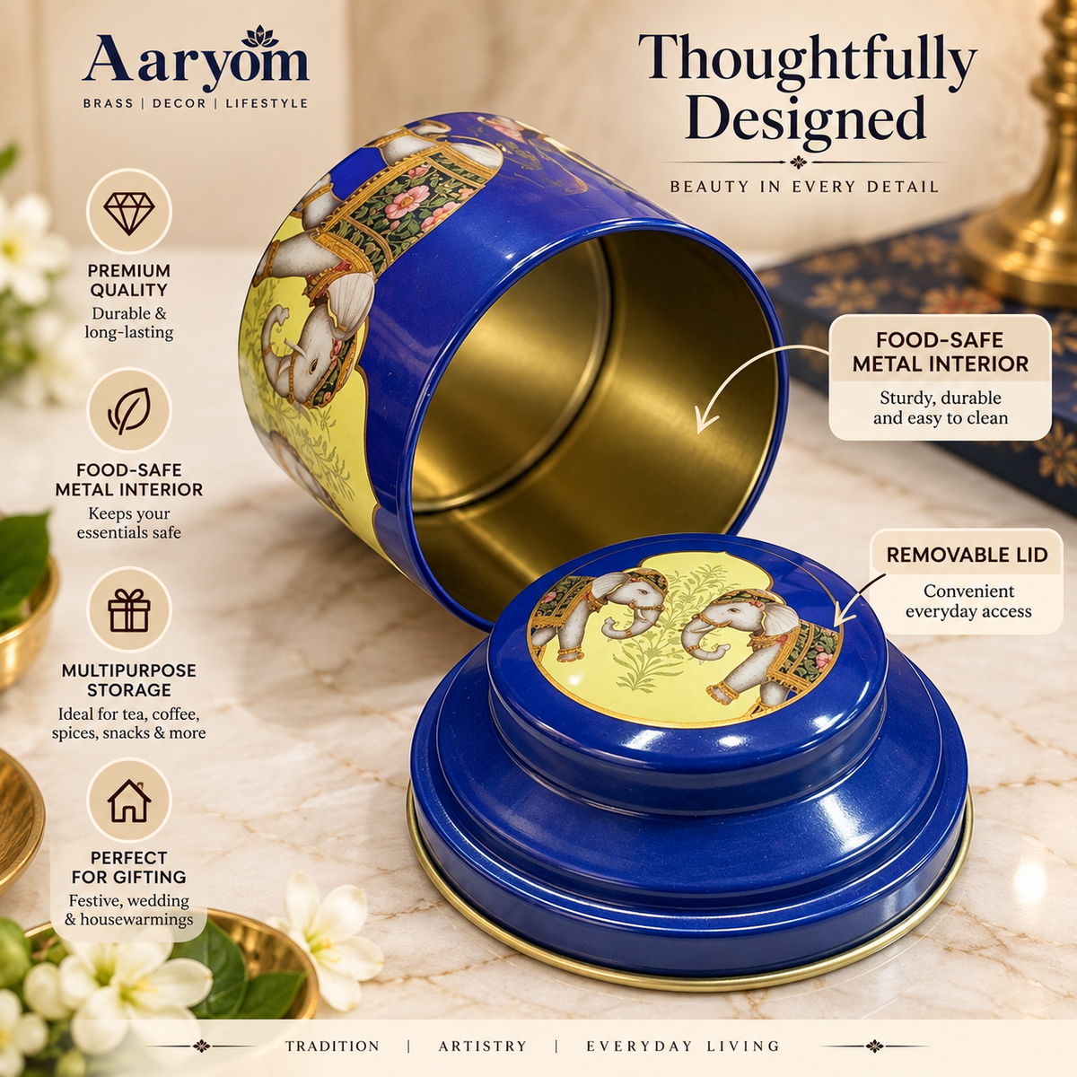 Aaryom Royal Elephant Heritage Storage Tin – Blue & Gold | 3.5” × 3”