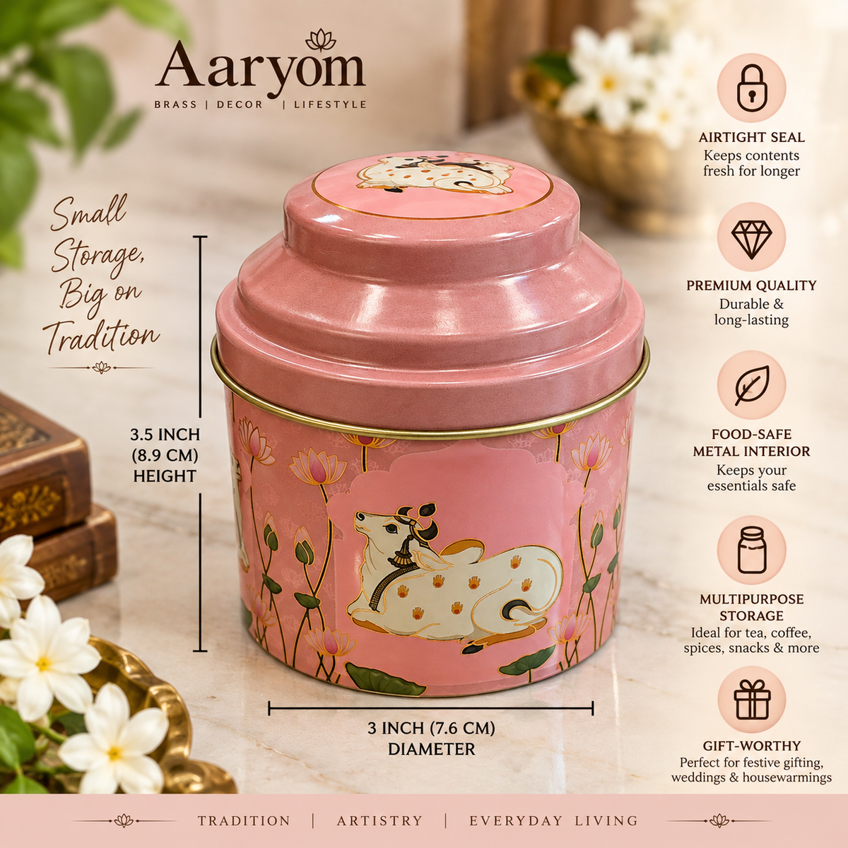 Aaryom Nandi Lotus Heritage Airtight Storage Canister – Blush Pink | 3.5” × 3”