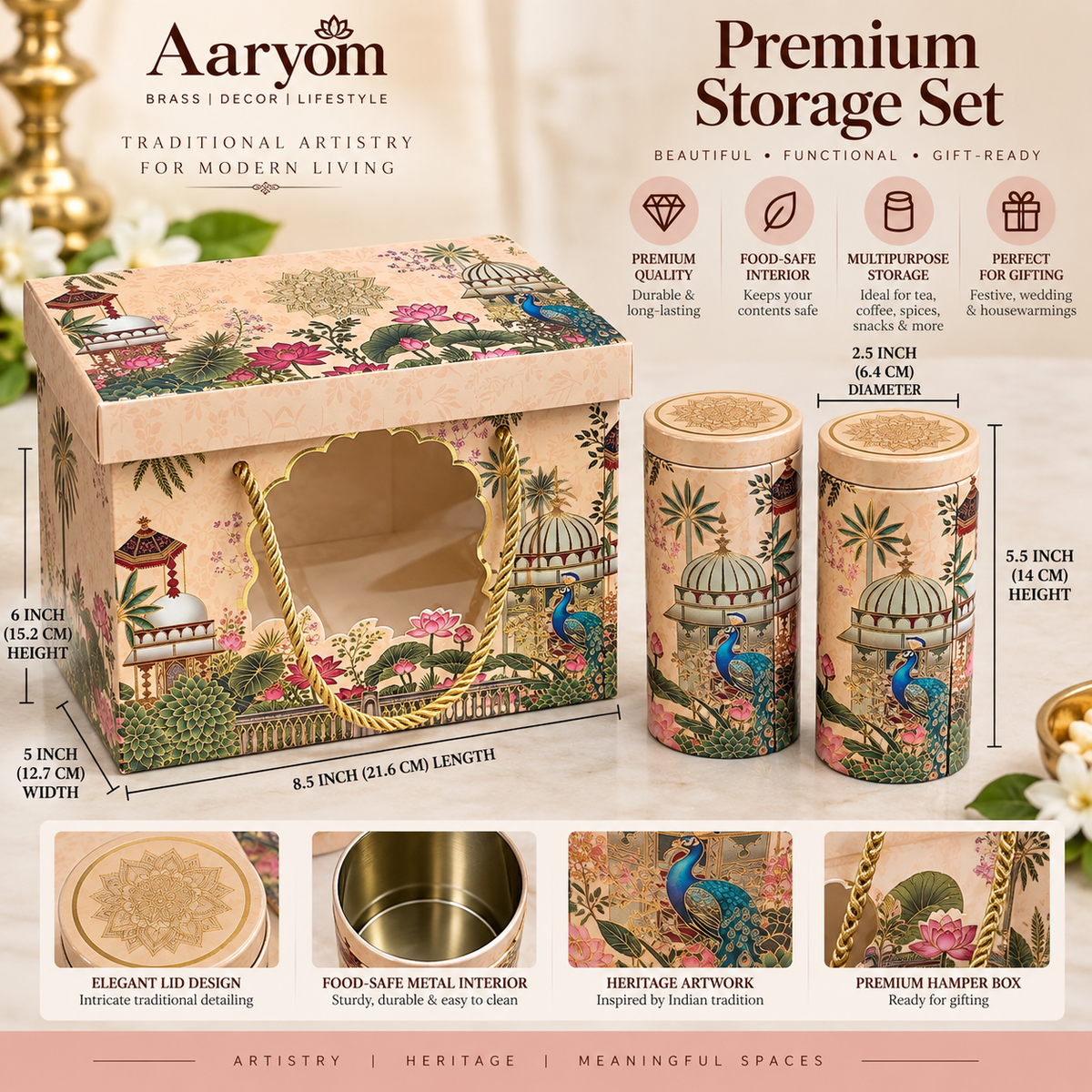 Aaryom Peacock Garden Airtight Canister Gift Set – 2pcs with Premium Hamper Box