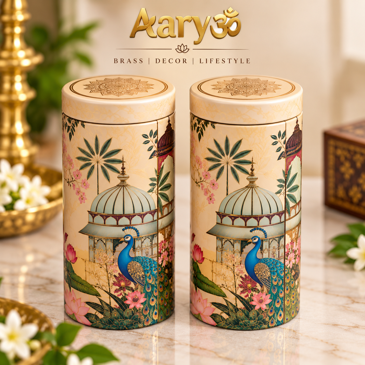 Aaryom Peacock Garden Airtight Canister Gift Set – 2pcs with Premium Hamper Box