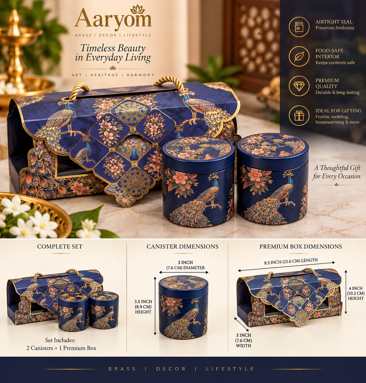 Aaryom Royal Peacock Canister Gift Set – 2 Premium Storage Canisters with Luxury Gift Box