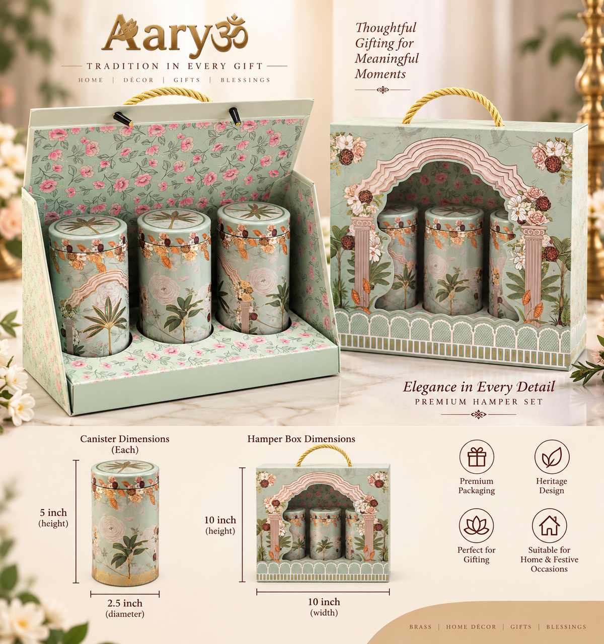 Aaryom Botanical Heritage Canister Hamper Set | Premium 3-Piece Gift Set