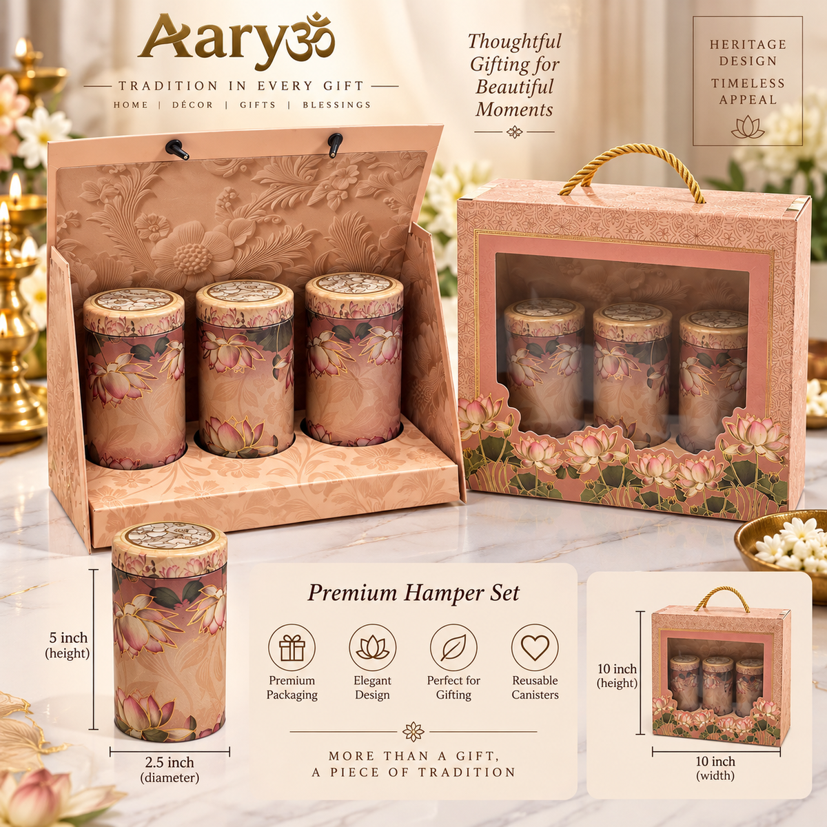 Aaryom Lotus Elegance Premium Hamper Set | 3-Piece Canister Gift Set