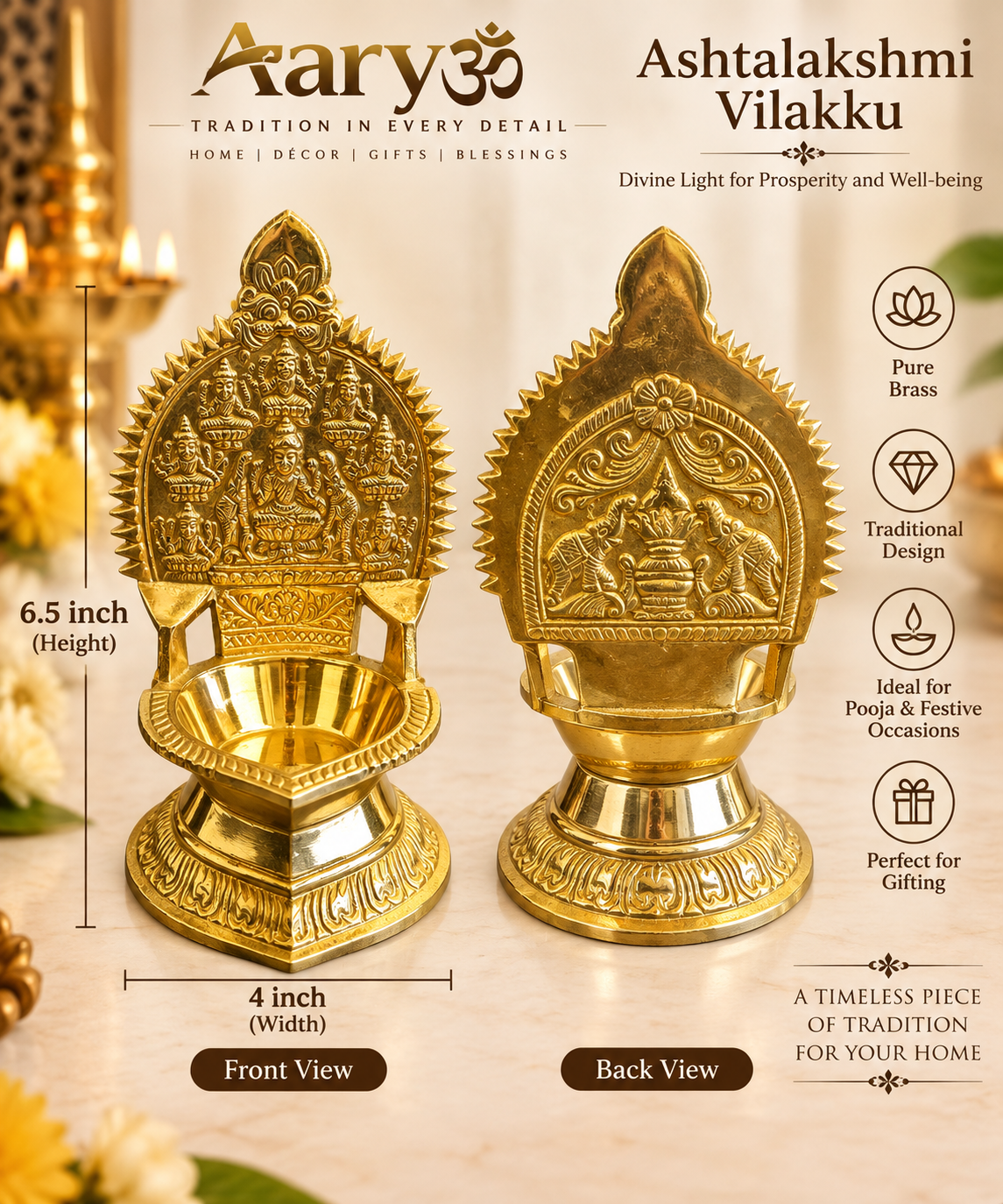 Aaryom Pure Brass Ashtalakshmi Vilakku |Traditional Deepam Size 5