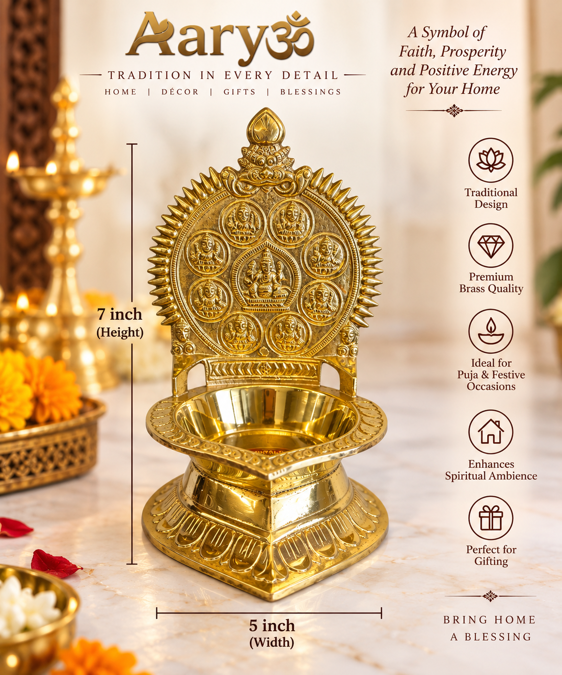 Aaryom Pure Brass Ashtalakshmi Vilakku |Traditional Deepam Size 7