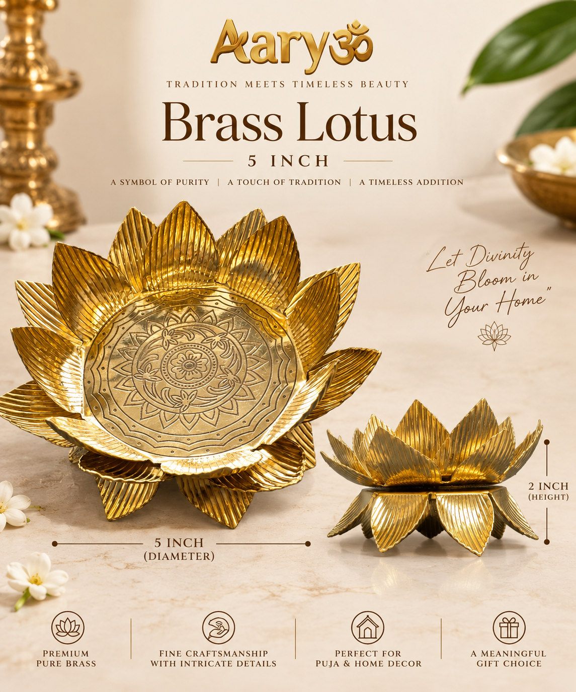 Aaryom Premium Brass Lotus – 5 Inch | Decorative Pooja & Urli Lotus