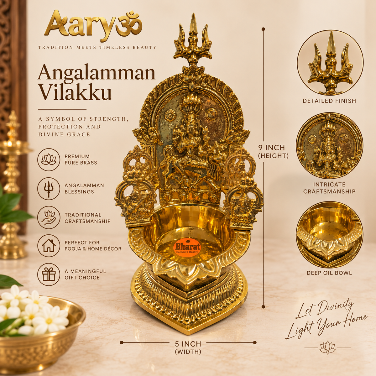 Premium Brass Angalamman Vilakku – 9 Inch | Traditional Amman Deepam