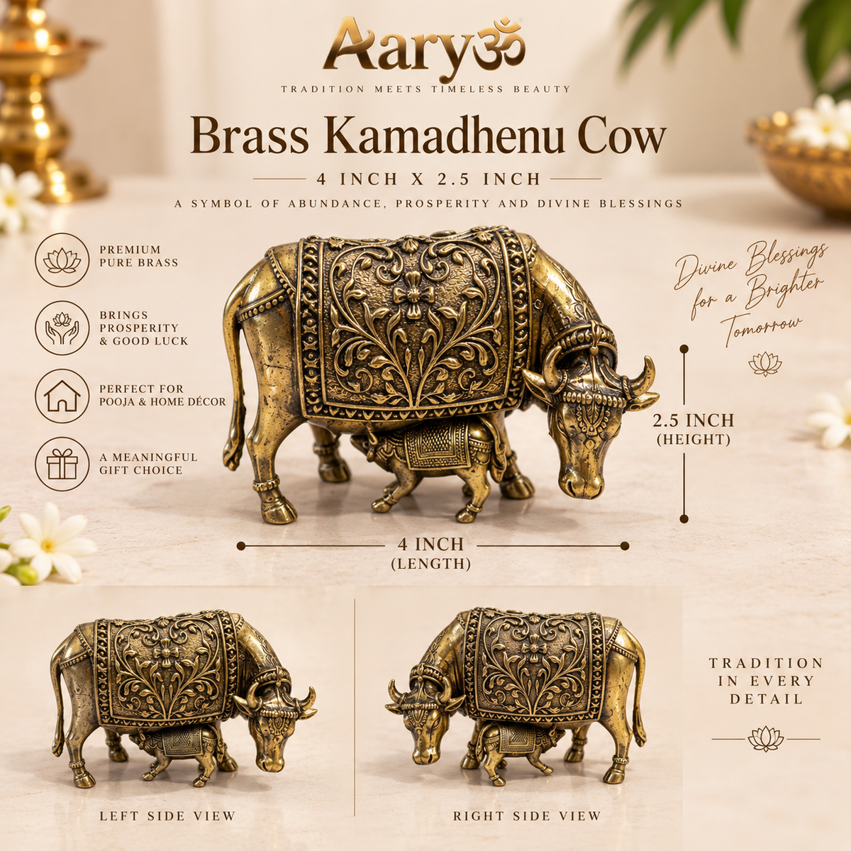 Premium Brass Kamadhenu Cow & Calf Statue – 4 Inch | Sacred Gomatha Décor