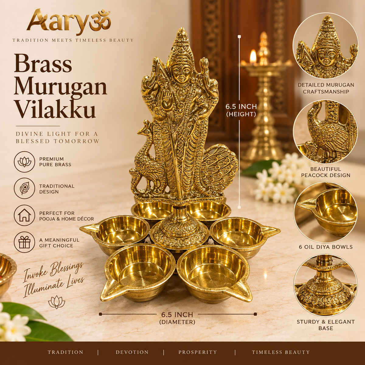 Premium Brass Murugan Vilakku with Peacock – 6.5 Inch | 6-Diya Pooja Lamp
