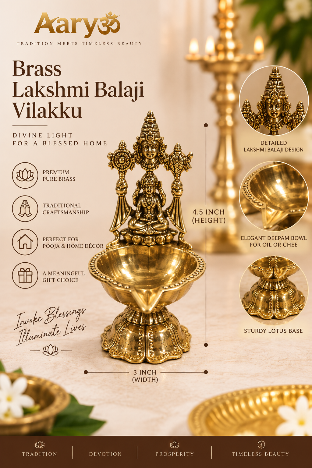 Premium Brass Lakshmi Balaji Vilakku – 4.5 Inch | Traditional Pooja Deepam