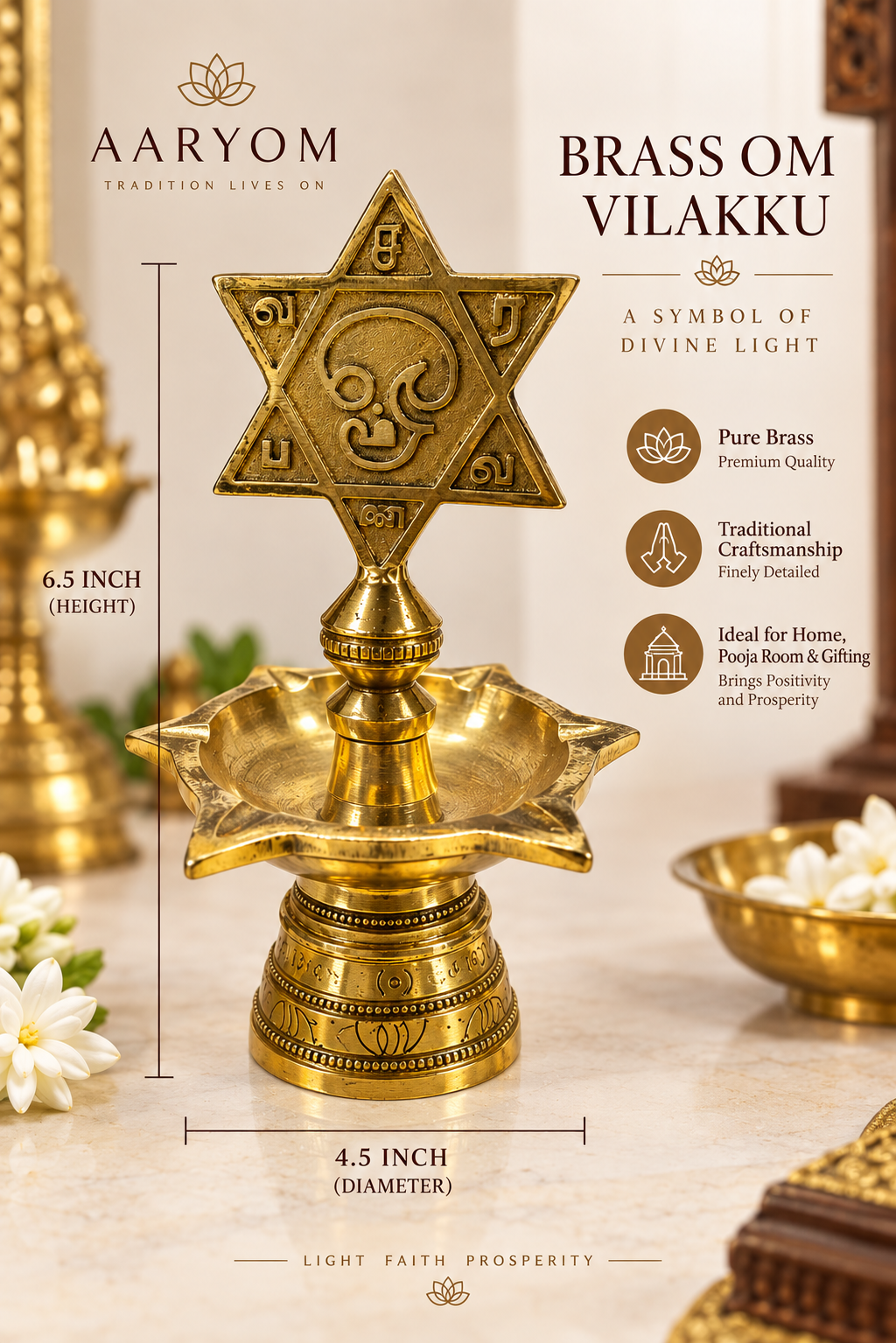 Pure Brass Om Saravana Bhava Vilakku – 6.5 Inch