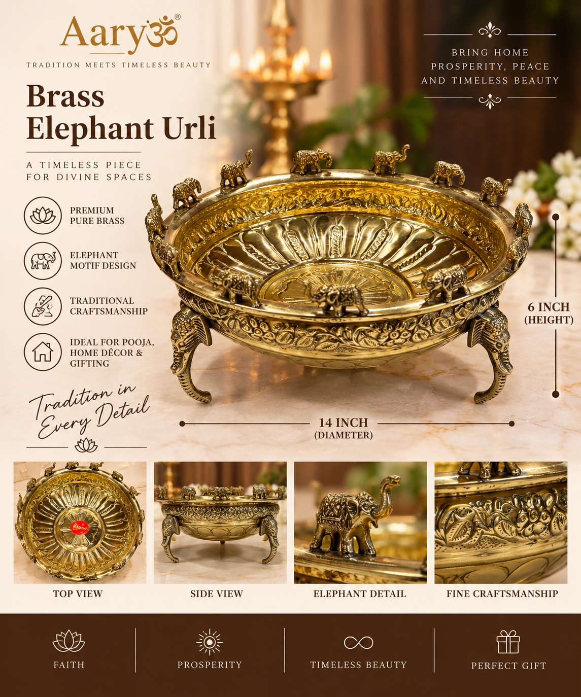 Premium Brass Elephant Urli – 14 Inch | Decorative Pooja & Flower Bowl