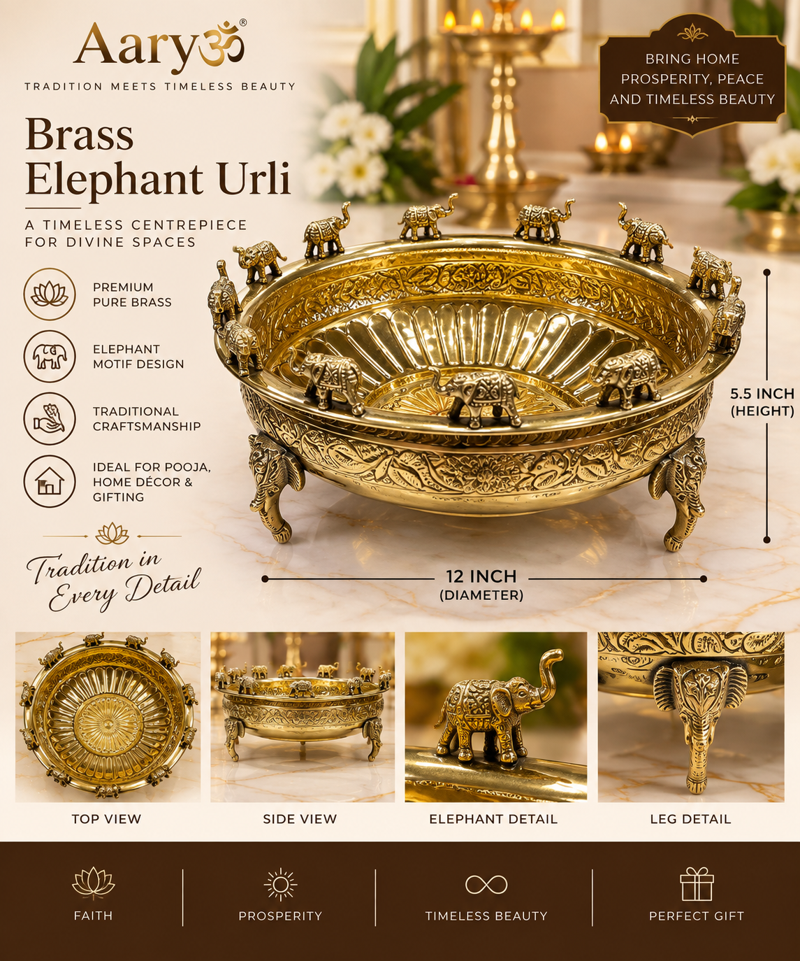 Premium Brass Elephant Urli – 12 Inch | Traditional Decorative Flower & Pooja Bowl