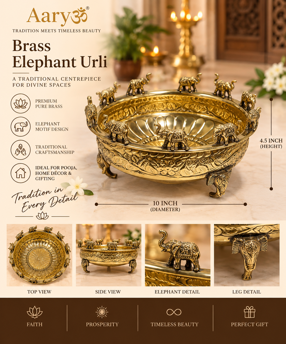 Premium Brass Elephant Urli – 10 Inch | Traditional Decorative Flower & Pooja Bowl