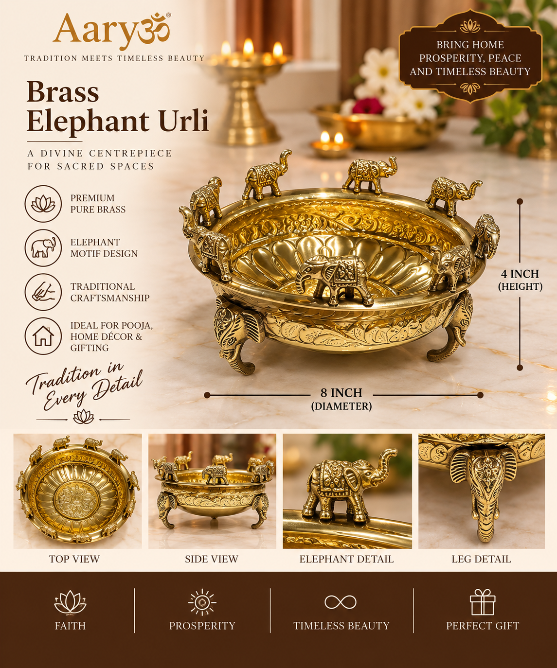 Premium Brass Elephant Urli – 8 Inch | Traditional Decorative Flower & Pooja Bowl