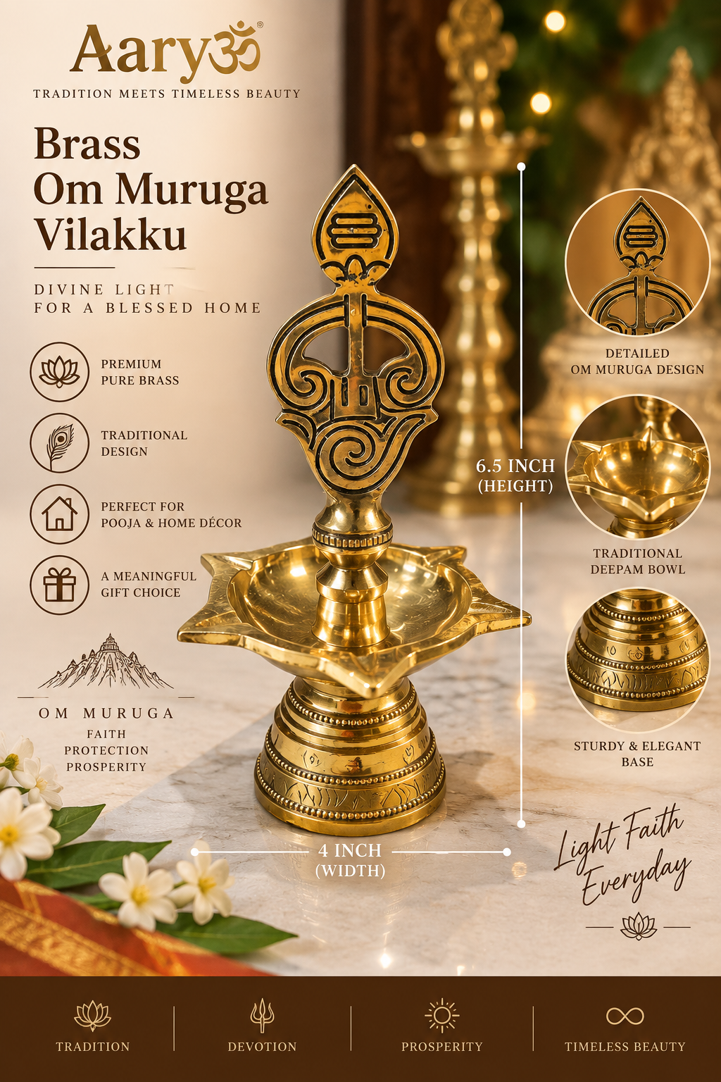 Premium Brass Om Muruga Vilakku – 6.5 Inch | Traditional Murugan Deepam
