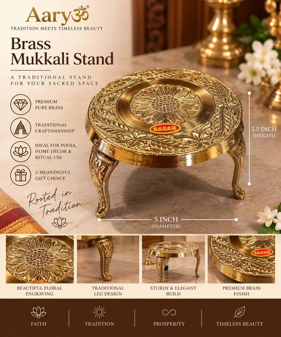 Premium Pure Brass Mukkali Stand – 5 Inch | Traditional Pooja Pedestal