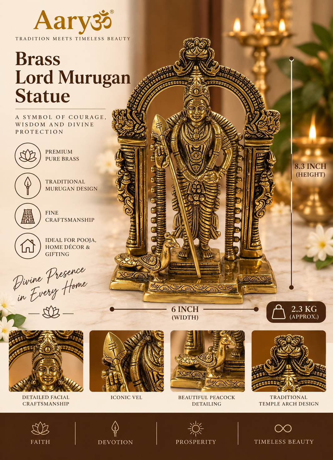 Premium Brass Malaysia Murugan Statue – 8.3 Inch | Vel & Peacock | 2.3KG