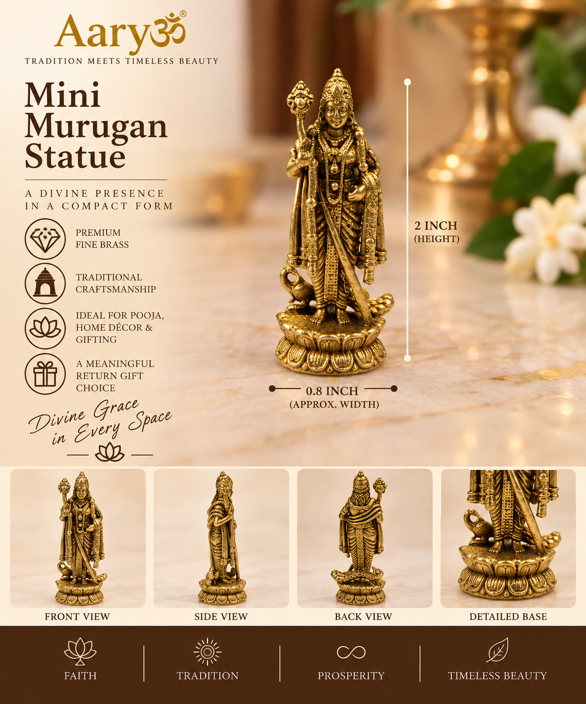 Premium Fine Brass Mini Murugan Statue – 2 Inch | Vel & Peacock Design