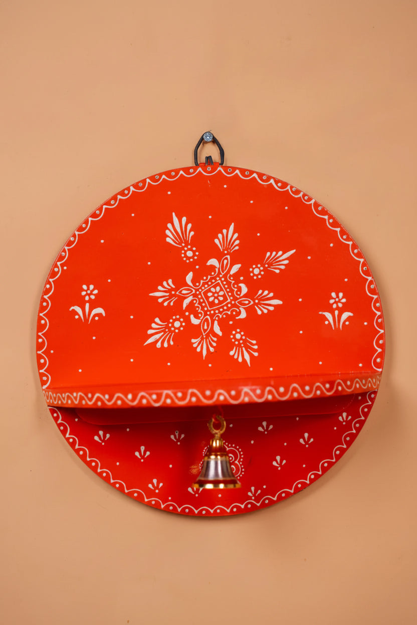 Hand-Painted Wooden Round Pooja Shelf – Orange