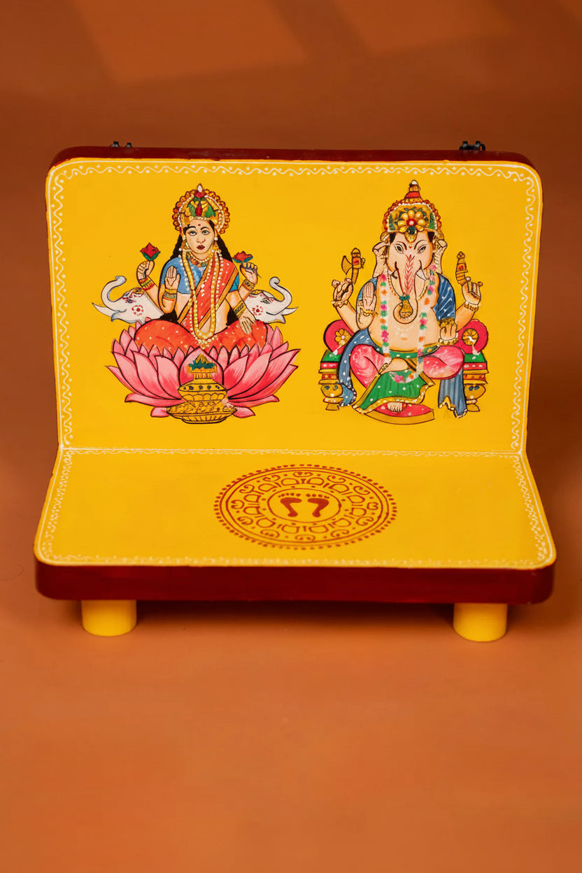 Hand-Painted Lakshmi Ganesha Wooden Wall Hanging Pooja stand - 10 Inches