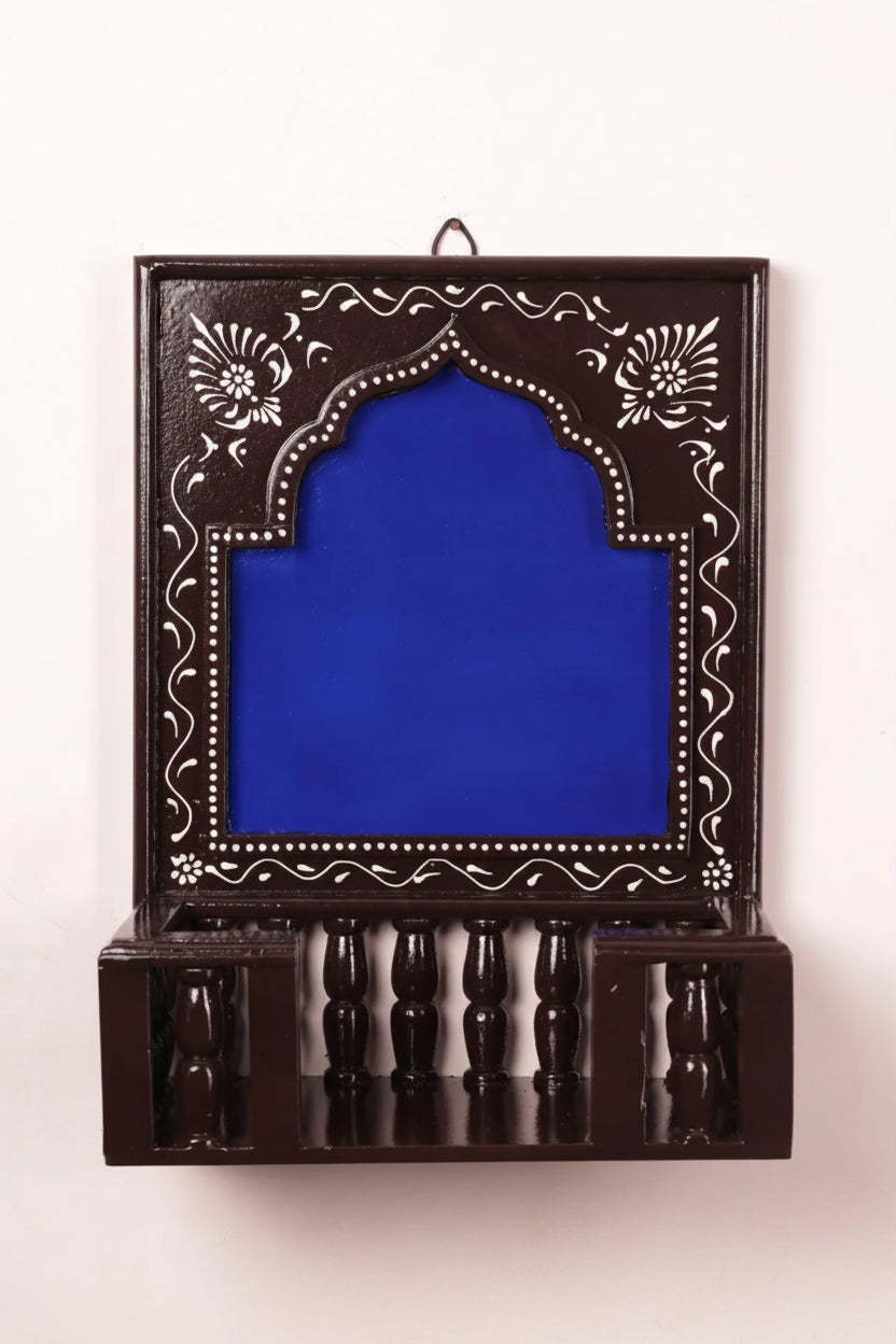 Hand-Painted Wooden Jharokha Frame with Stand – Blue (16″)