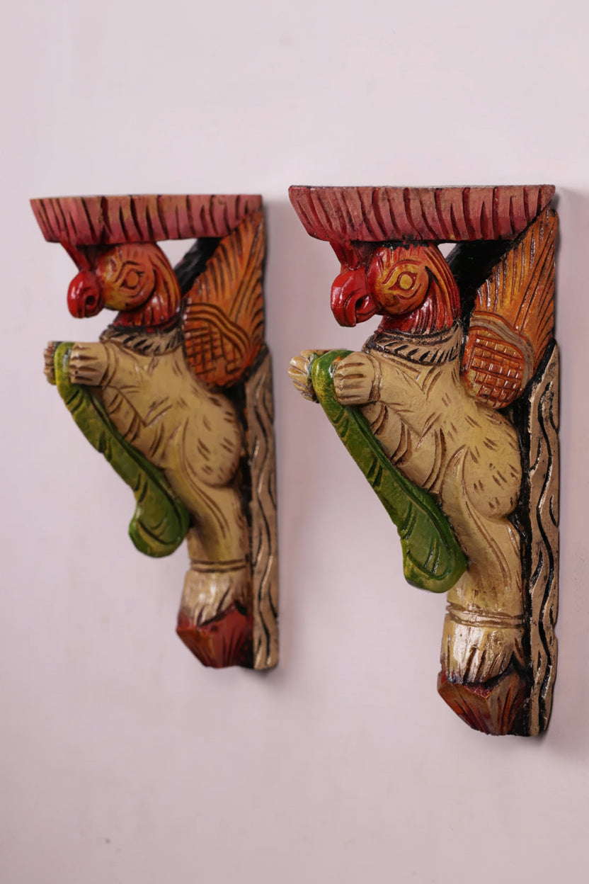 Wooden Hand Carved Painted - Parrot Wall Bracket - Set OF - 2