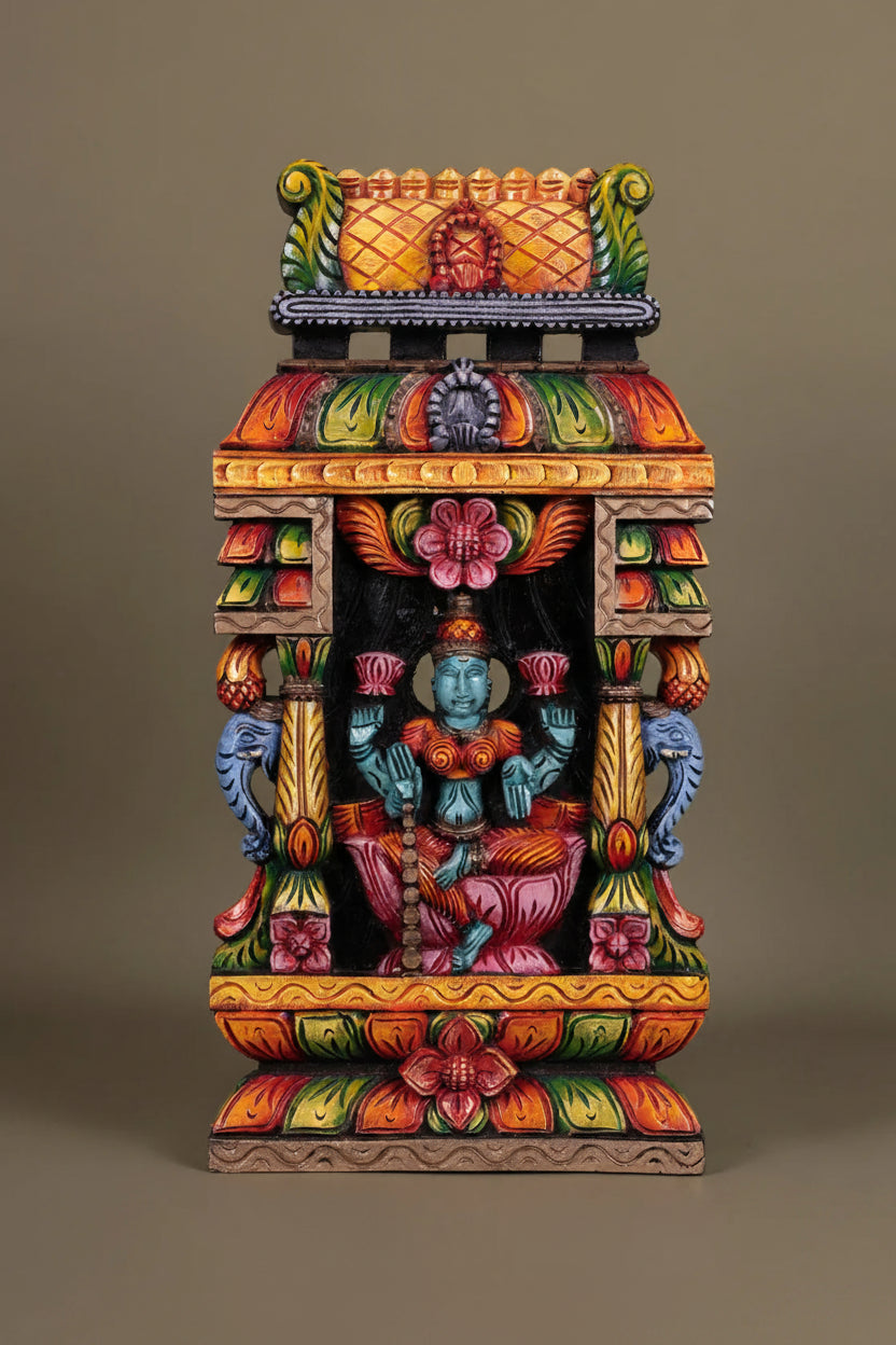 Wooden Hand Carved Painted - Maha Lakshmi Gopuram Panel - (24×12)