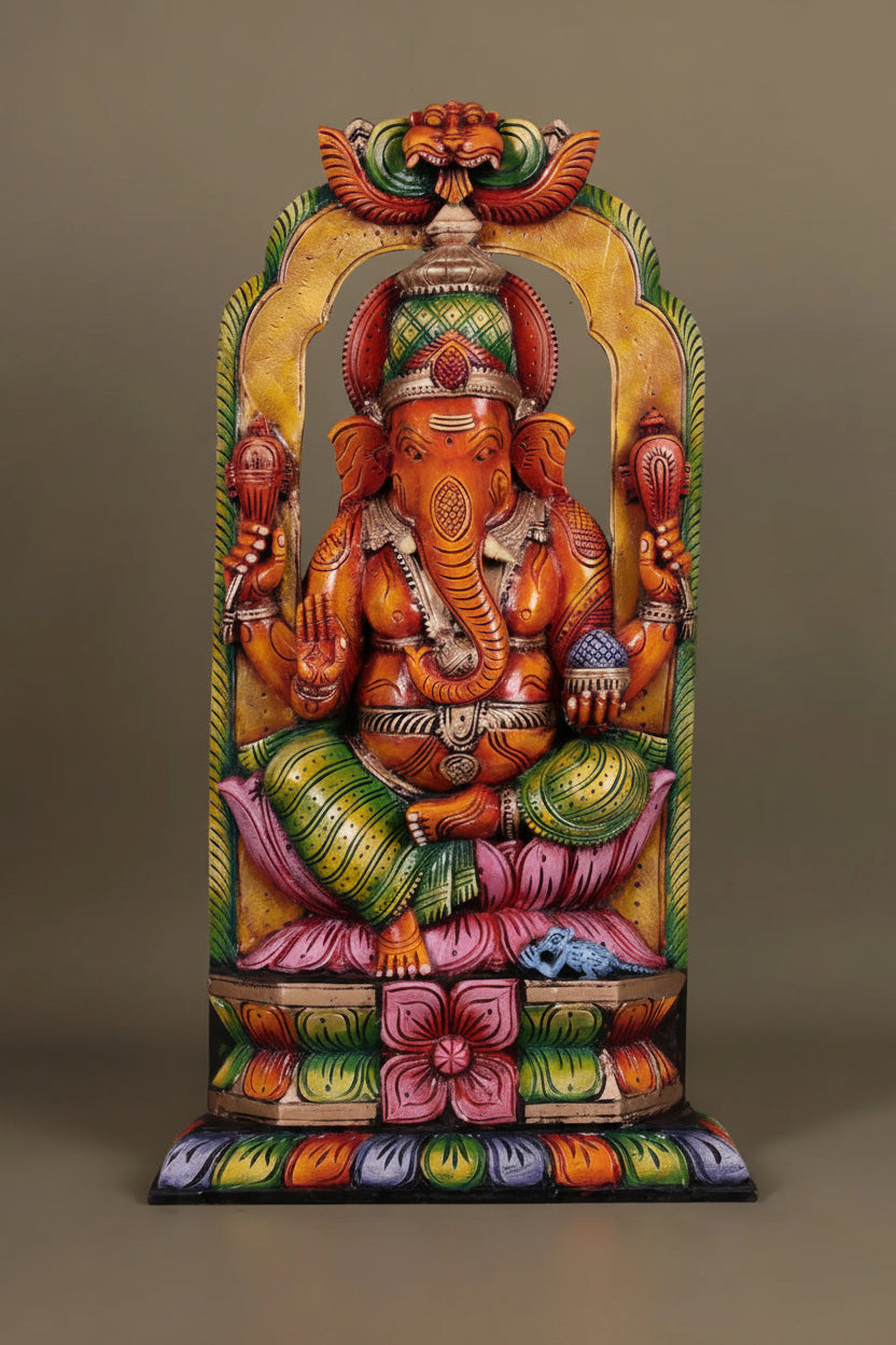 Wooden Hand Carved Painted - Ganesha Statue - (28×15)