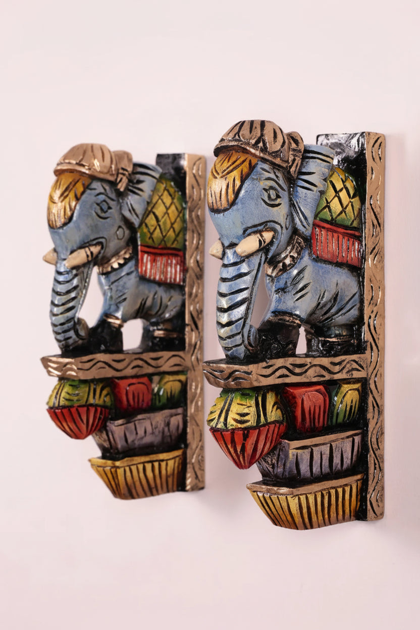 Wooden Hand Carved Painted - Elephant Wall Bracket Set OF - 2 - (12×6)