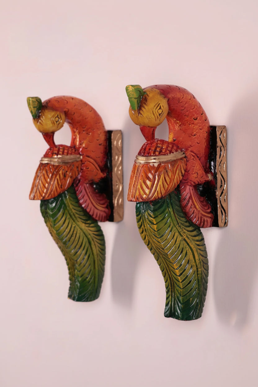 Wooden Hand Carved Painted - Parrot Wall Bracket Set OF - 2 (12×6)