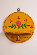 Hand-Painted Wooden Pooja Wall Shelf with Bell – Yellow (10″)