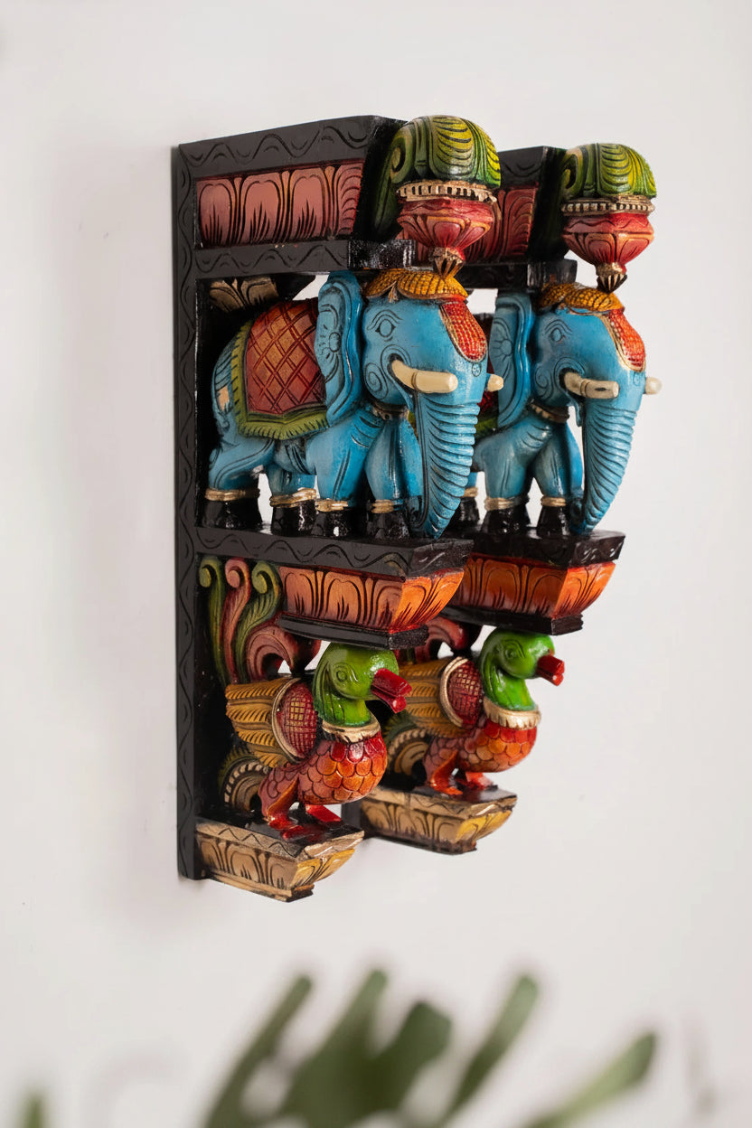 Wooden Hand Carved Painted Elephant & Peacock Wall Bracket