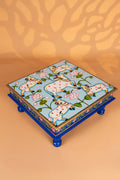 Pichwai Cow Hand-Painted Wooden Bajot - Sky Blue - 15 Inches