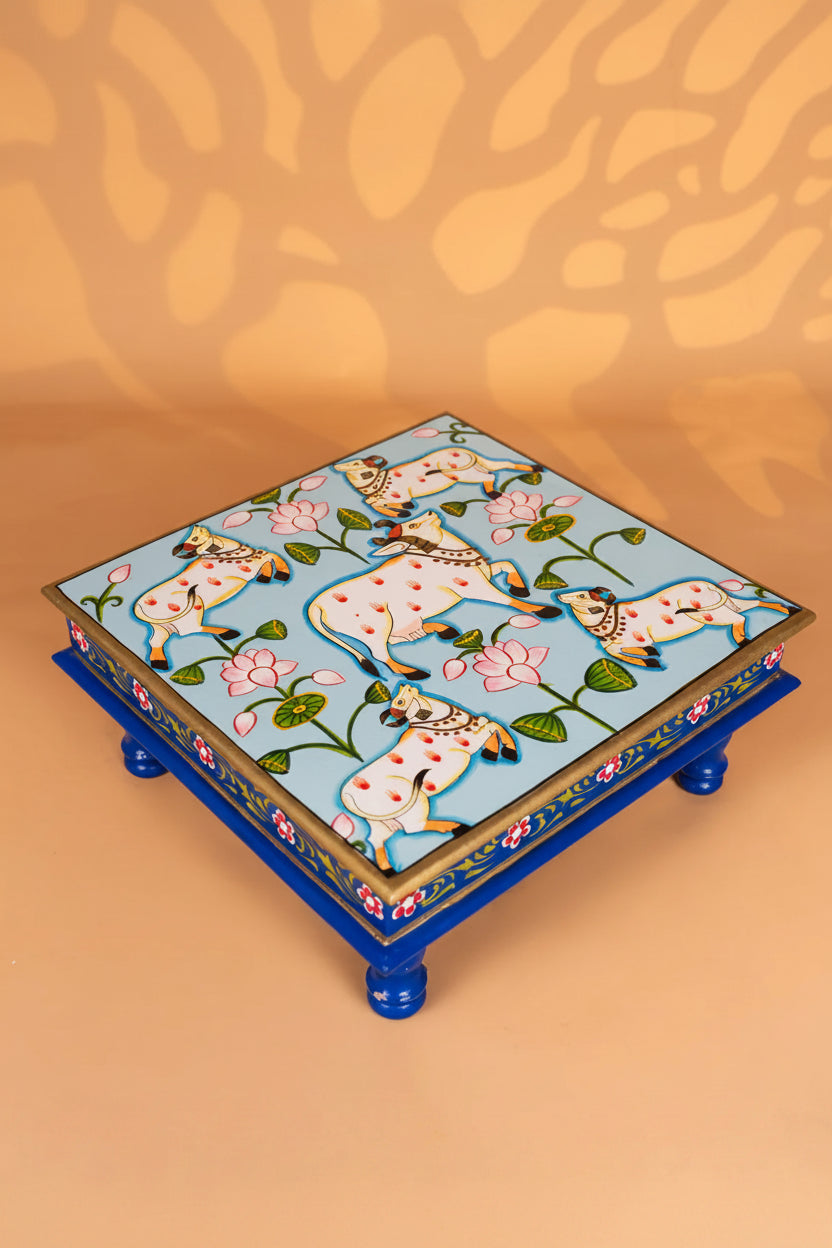 Pichwai Cow Hand-Painted Wooden Bajot - Sky Blue - 15 Inches