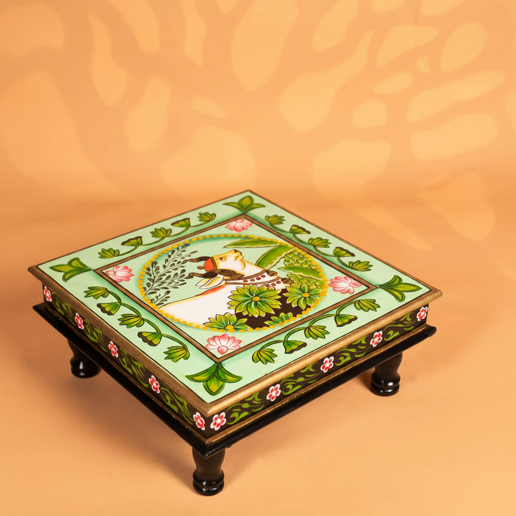 Cow Hand-Painted Wooden Bajot - Green - 15 Inches
