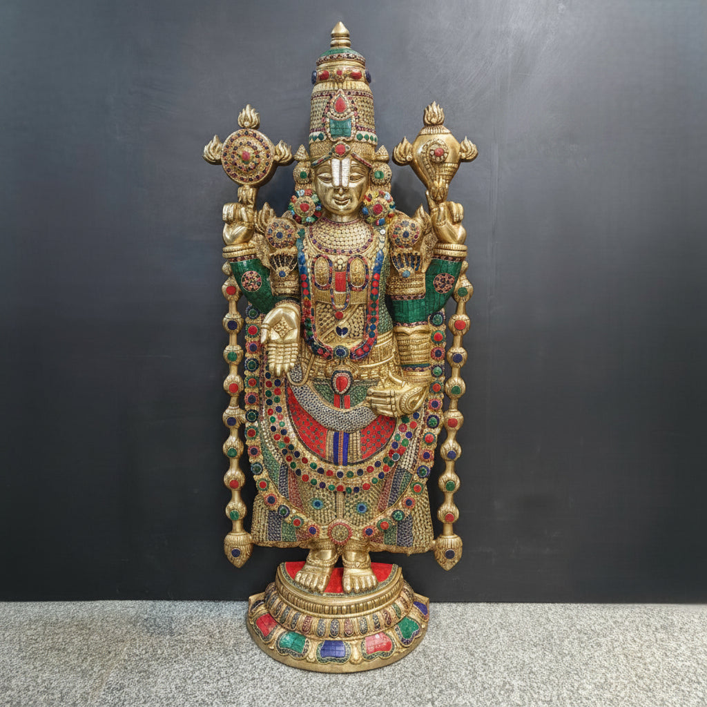 Lord Tirupati Balaji Statue with Mosaic Stone Work – Brass (3 ft)