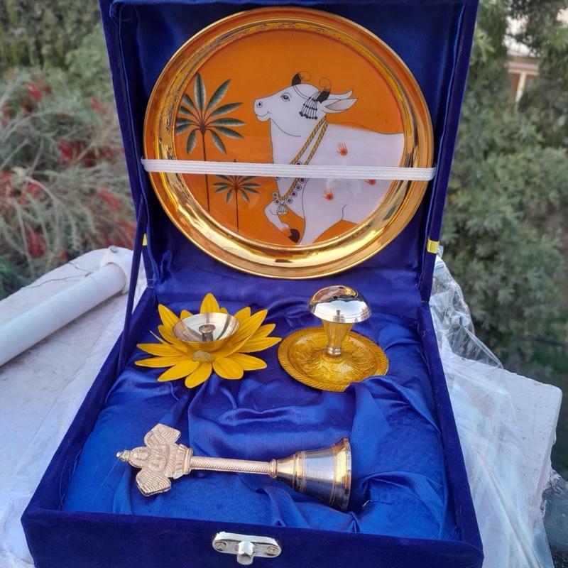 Premium Pichwai Cow Brass Pooja Gift Set with Velvet Gift Box
