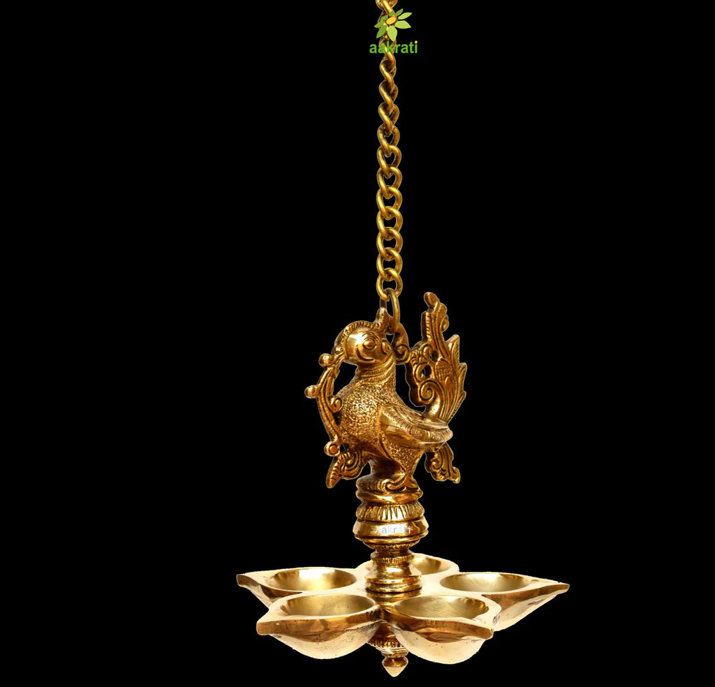 Peacock Brass Hanging Diya, Handcrafted (5″)