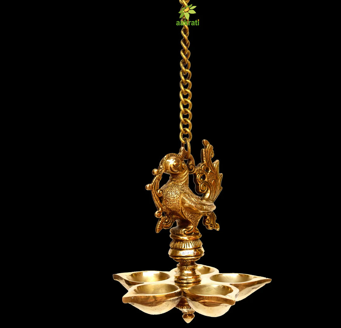 Peacock Brass Hanging Diya, Handcrafted (5″)
