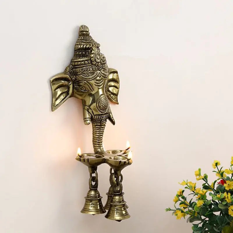 Brass Ganesha Wall Hanging Oil Lamp (Brown, 10″)